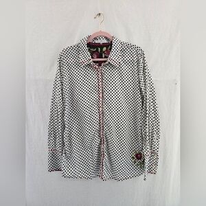 Johnny Was 3J Workshop Polka Dot  Thin Flip Cuff ADA Rouched Shirt. Ladies XL